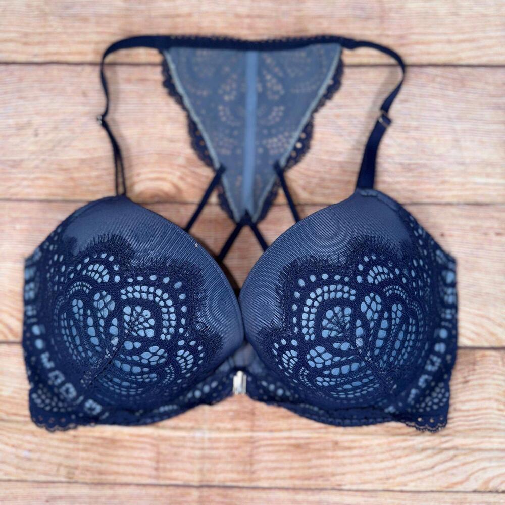 VS Dream Angels Navy Blue Lace Front Close Racer Back Bra Pushup 34DD